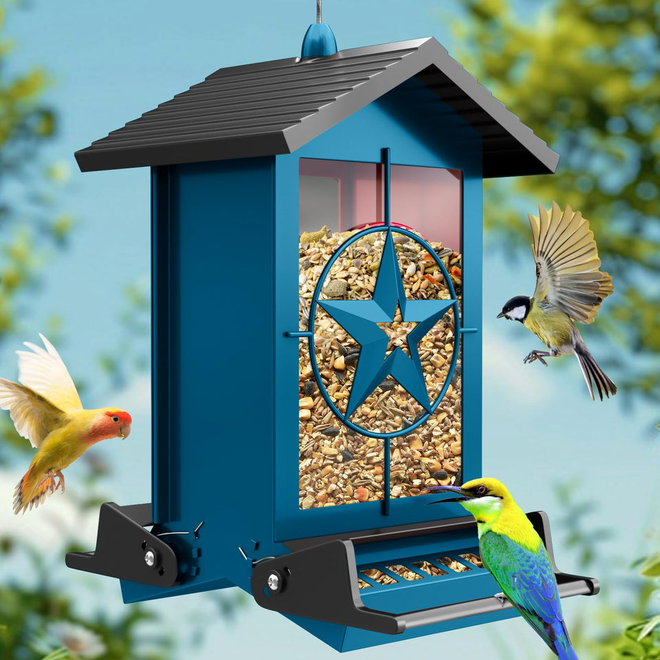 Buteafly squirrel-proof feeder front view shows weight-activated perches for birds