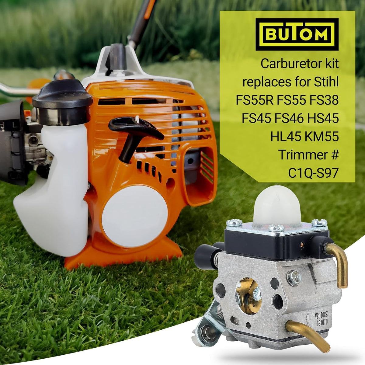 Butom FS38 carburetor packaging shows ready-to-install kit