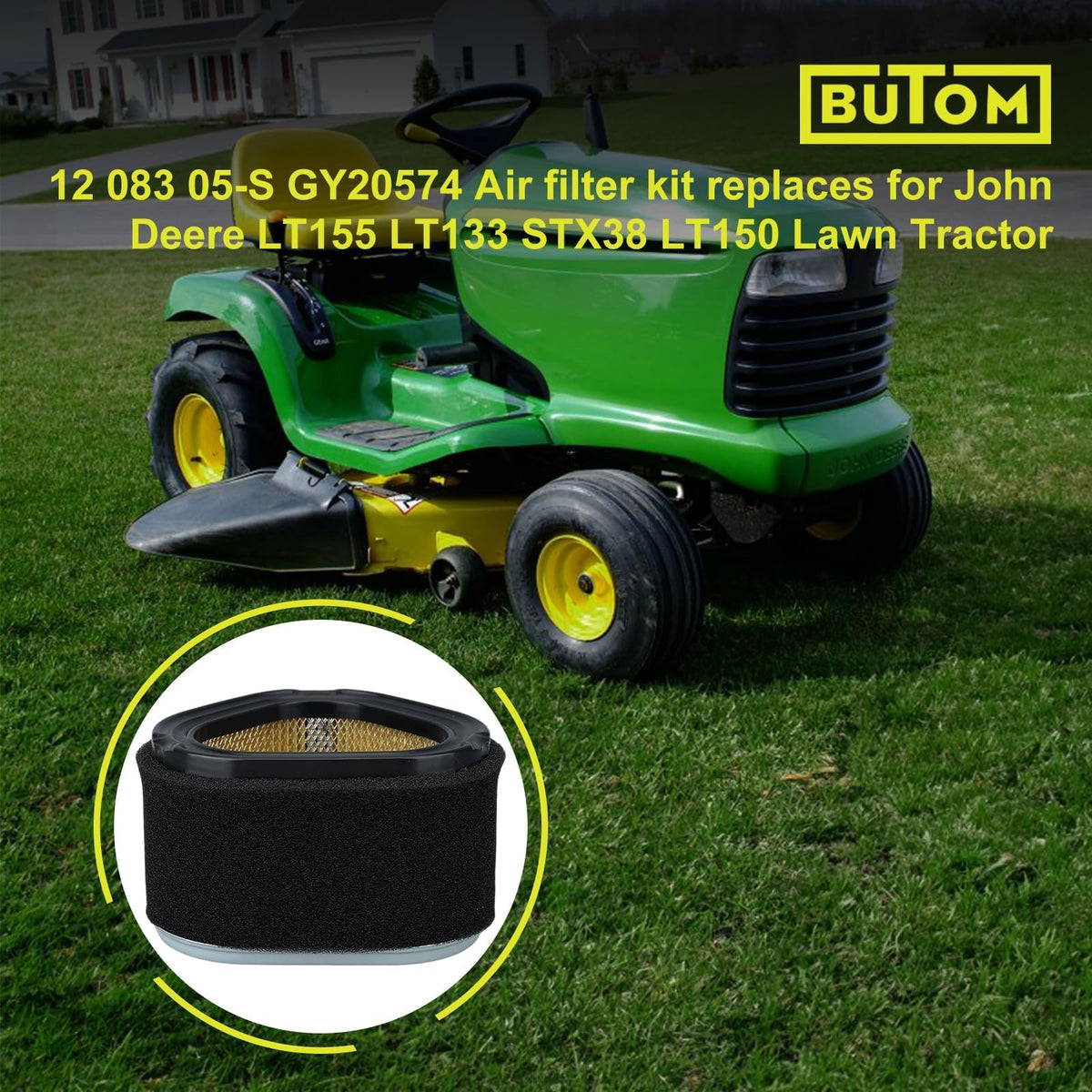 Butom GY20574 compatibility guide image showing many John Deere models.