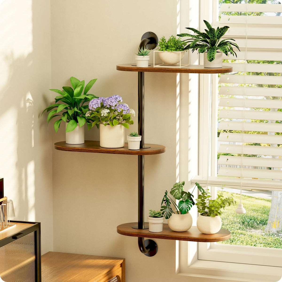 Butunita living room or bedroom plant shelf creates versatile indoor greenery.