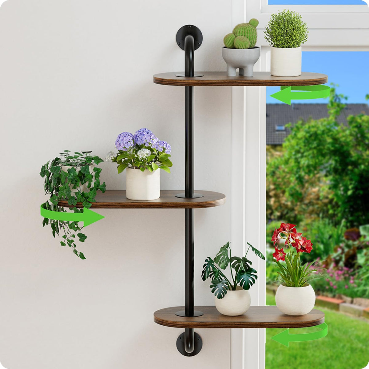 Butunita rotating window shelf 3-tier showcases sun-loving plants with space-saving design.