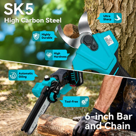 Close-up of the 6-inch chainsaw cutting wood with smooth action.