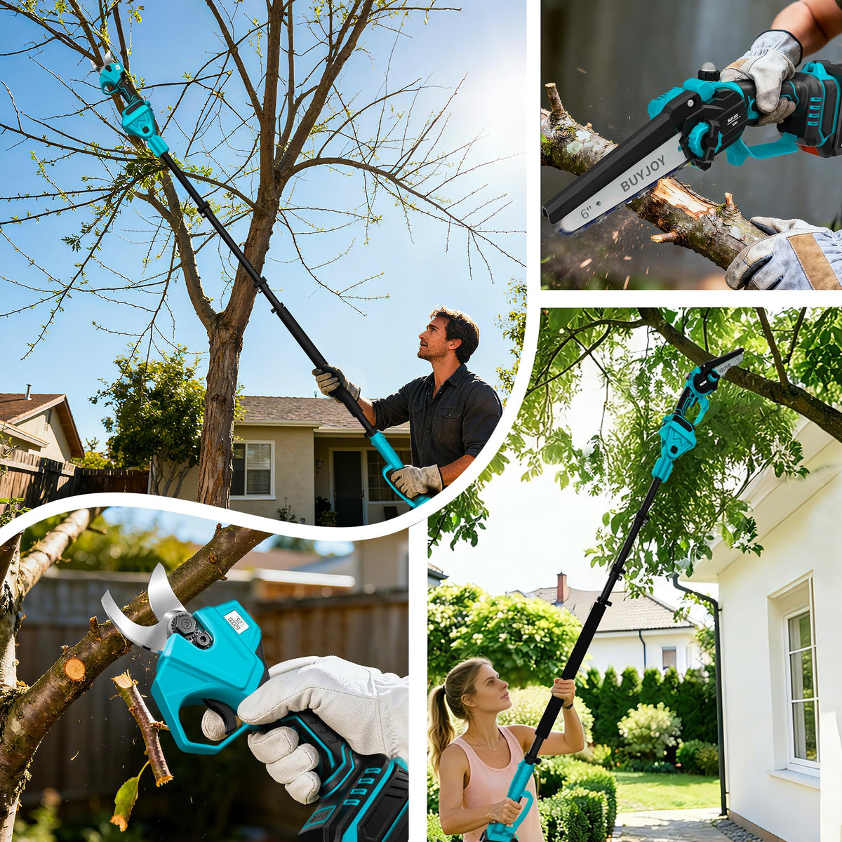 Extended 9.5 ft reach shows BuyJoy tool trimming high branches safely.