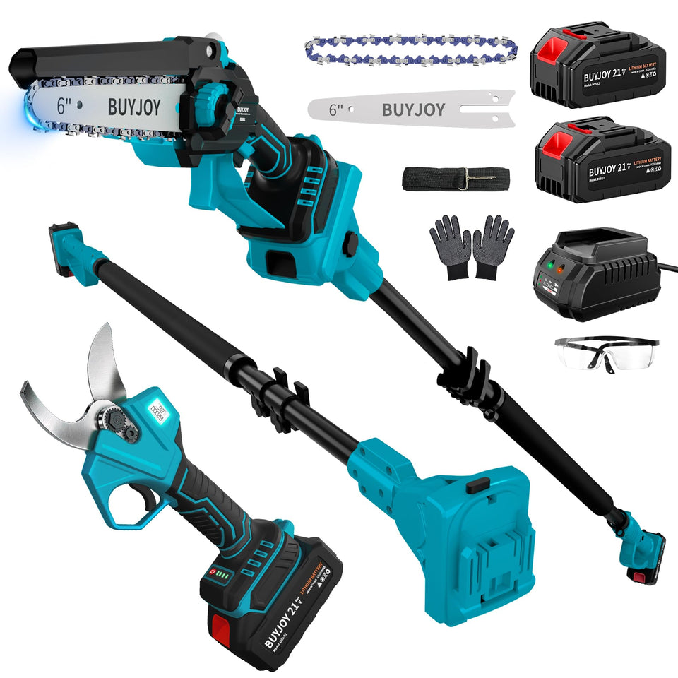 BuyJoy four-in-one pole saw and pruner kit in blue for versatile pruning tasks.