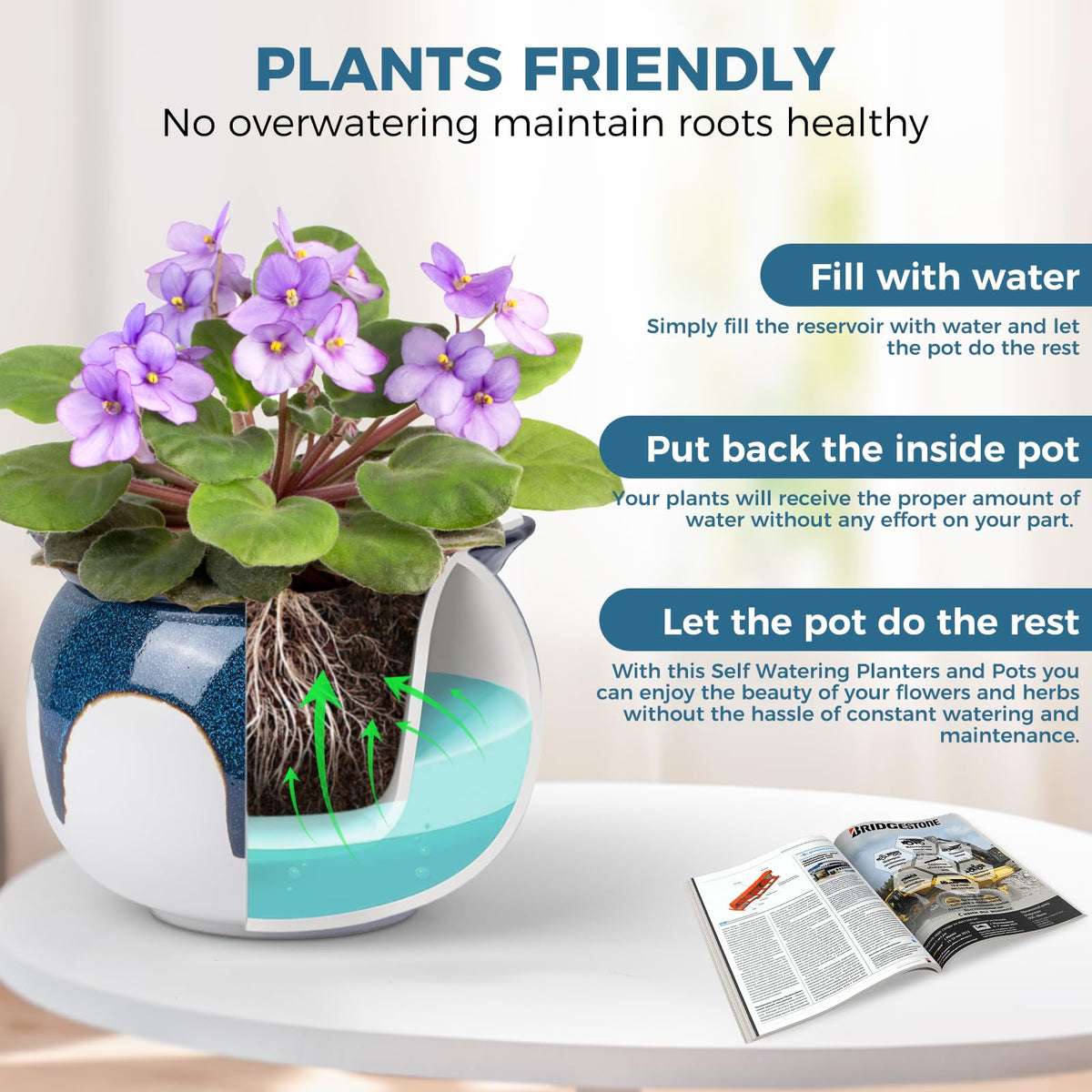 BUYMAX African Violet Pot outer pot with glazed finish protects surfaces while adding style.