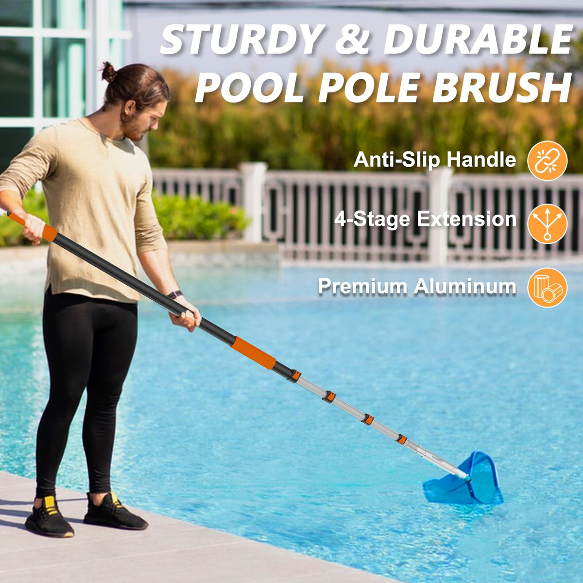 Buyplus telescoping pool pole showing secure length locking for stability.