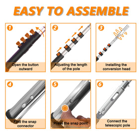 Buyplus pole demonstrating universal compatibility with skimmers and cleaners.