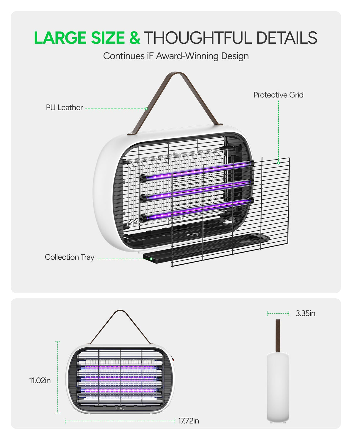 Indoor setup showing 5,000 sq ft coverage area with the Buzbug zapper