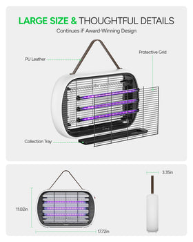 Indoor setup showing 5,000 sq ft coverage area with the Buzbug zapper