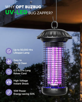 Buzbug LED bug zapper grid closeup showing safe, easy cleaning access.