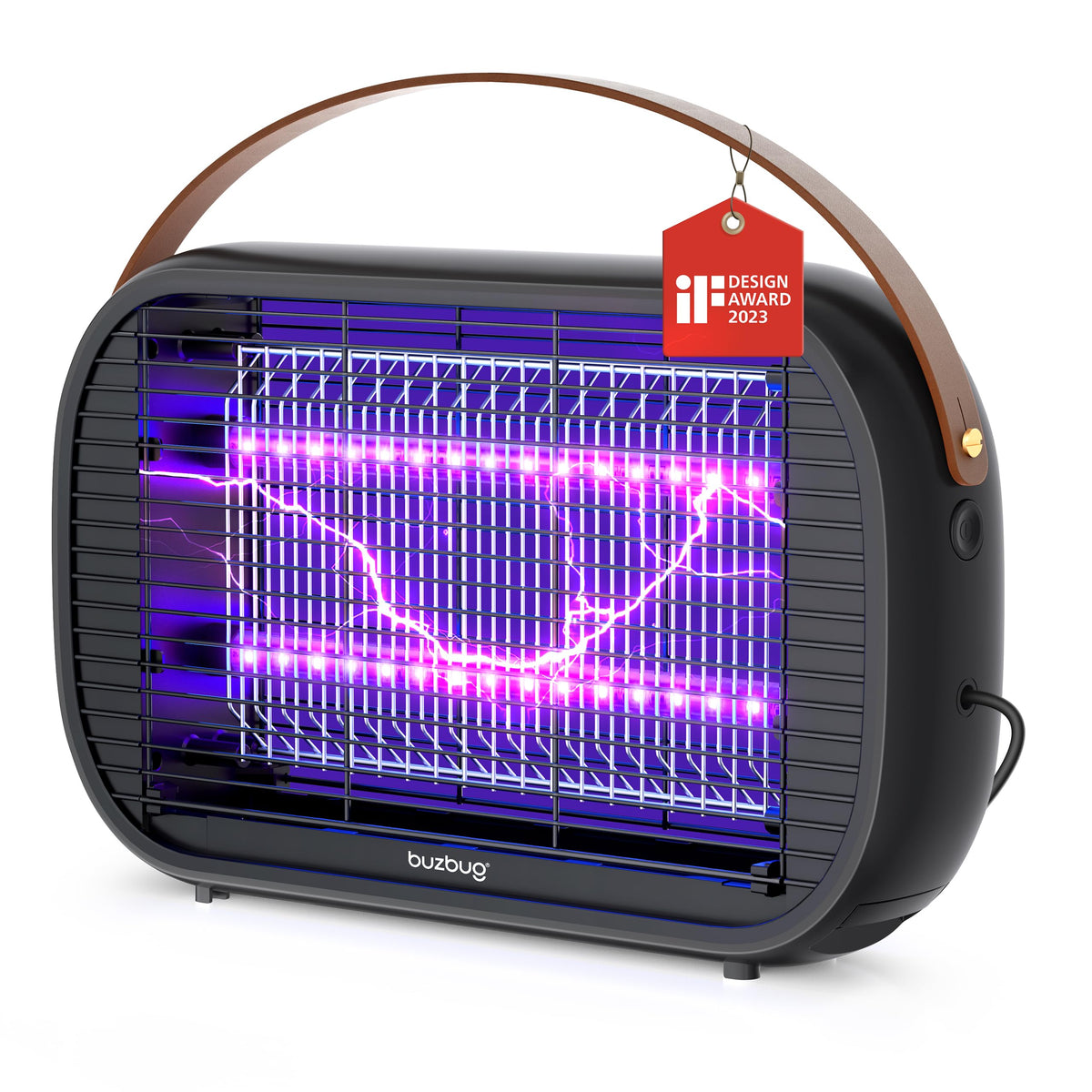 Buzbug LED bug zapper shown as a decorative house ornament attracting indoor insects