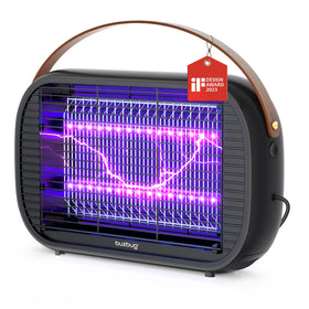 Buzbug LED bug zapper shown as a decorative house ornament attracting indoor insects