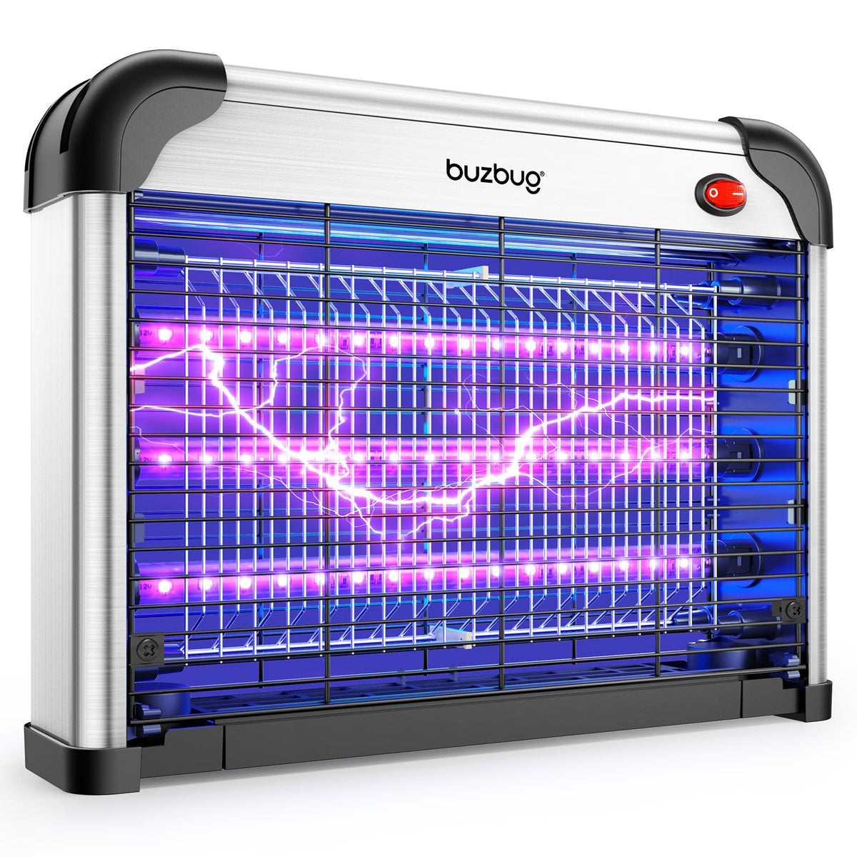 Buzbug LED bug zapper indoor front view showing sleek design and attractant LEDs
