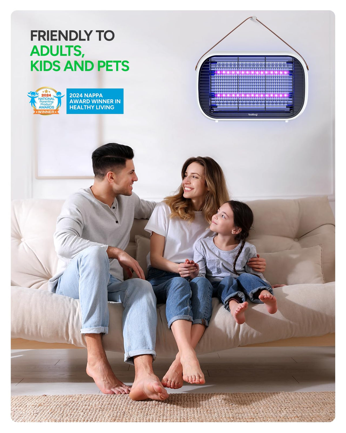 Buzbug LED bug zapper wide coverage diagram for up to 2100 sq ft.