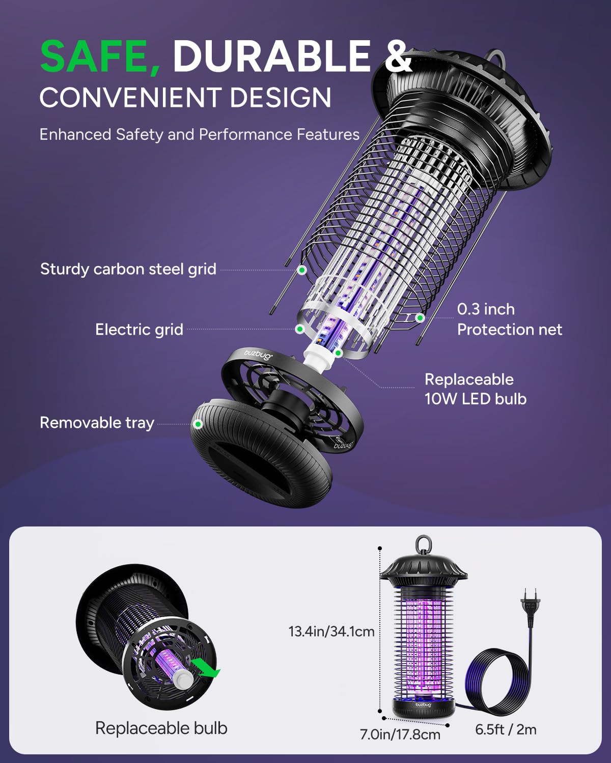Buzbug zapper night activation highlights dual-wavelength attraction against nocturnal insects.