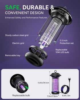 Buzbug zapper night activation highlights dual-wavelength attraction against nocturnal insects.