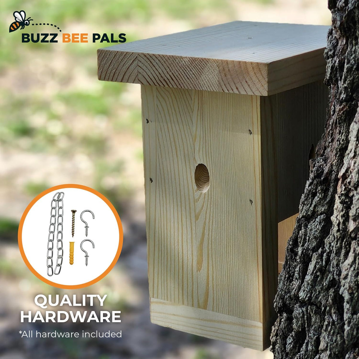 Buzz Bee Pals Defender Trap B1 pine wood construction blends with outdoor surroundings.