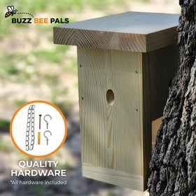 Buzz Bee Pals Defender Trap B1 pine wood construction blends with outdoor surroundings.