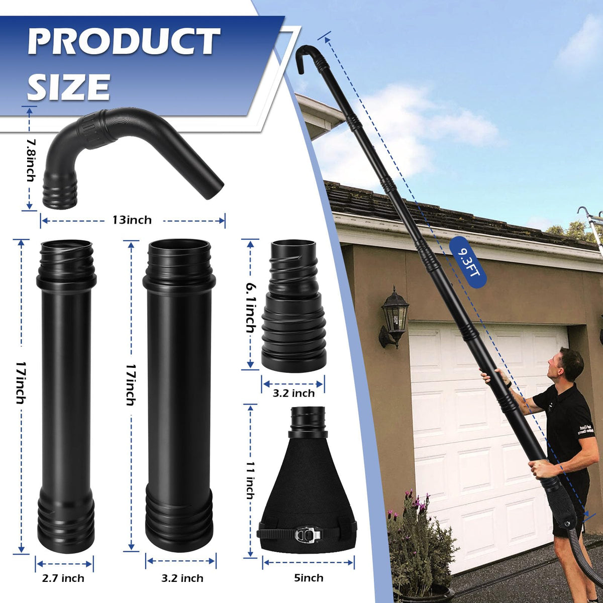 Buzzlett 11ft extension pipe provides safe ladder-free gutter access.