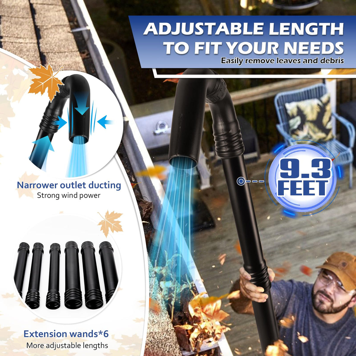 Buzzlett 360-degree nozzle rotates to match gutter angles for thorough cleaning.