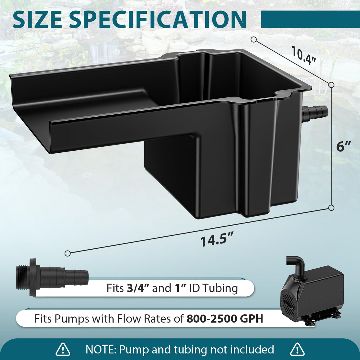 Buzzlett Waterfall Spillway 8in-weir closeup highlights durable UV-stabilized construction for outdoor use