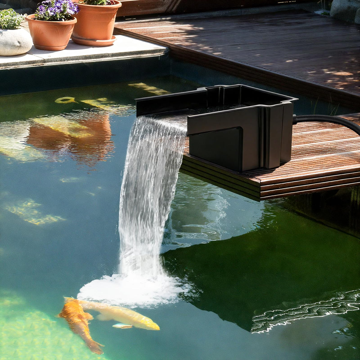 Buzzlett Waterfall Spillway pond feature integrated with 3/4 in and 1 in tubing