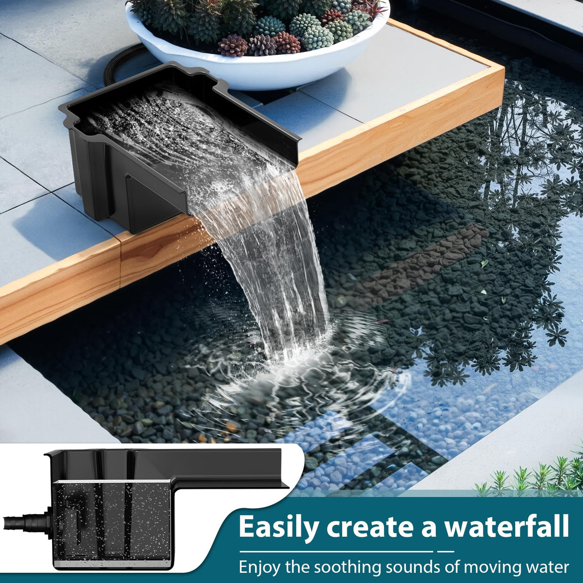 Buzzlett Waterfall Spillway side installation demonstrates easy integration with ponds and streams