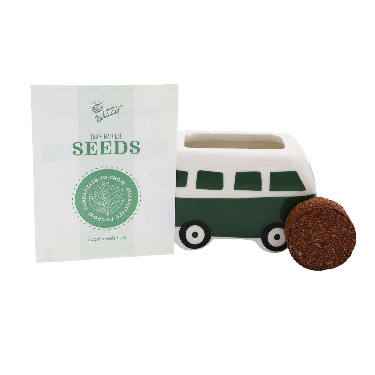 BUZZY Seeds gift-ready bus planters with colorful packaging