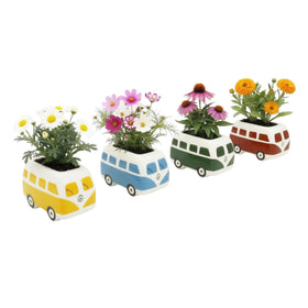 Close-up of BUZZY Seeds bus planter with daisy showing vibrant glaze