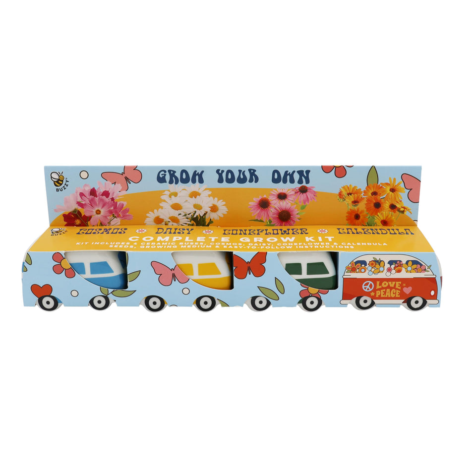 BUZZY Seeds mini ceramic bus planter with daisy front view for indoor decor