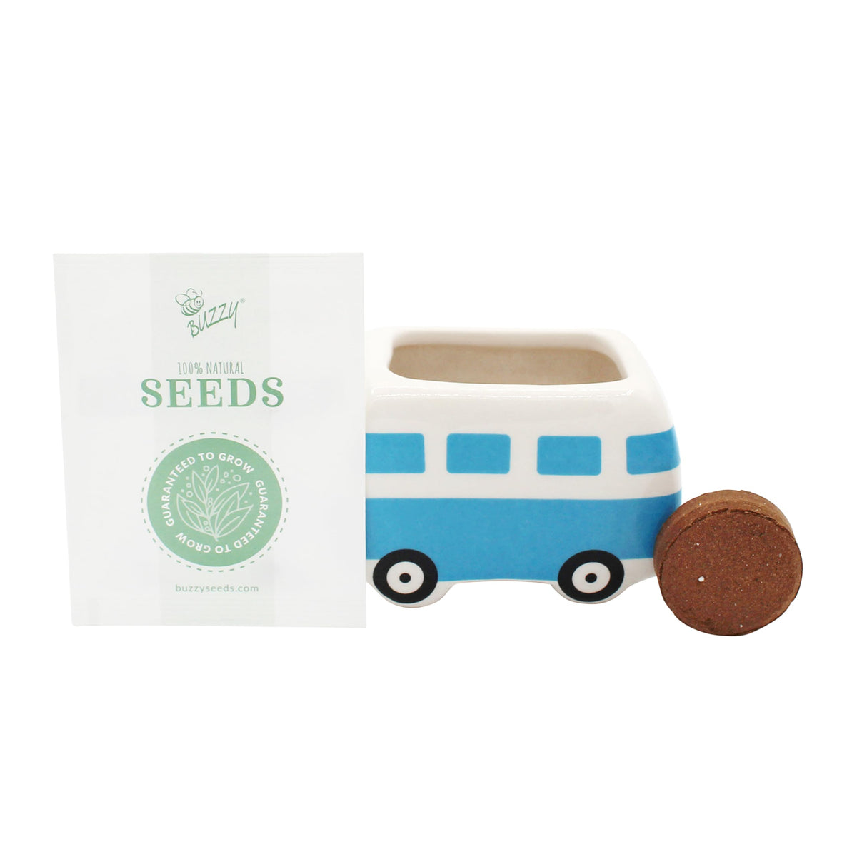 BUZZY Seeds bus planter with daisy on a shelf for cozy styling
