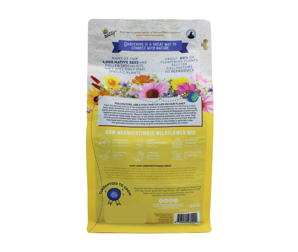 BUZZY Wildflower Seed Mix closeup of blooms showcasing 18 varieties attracting pollinators