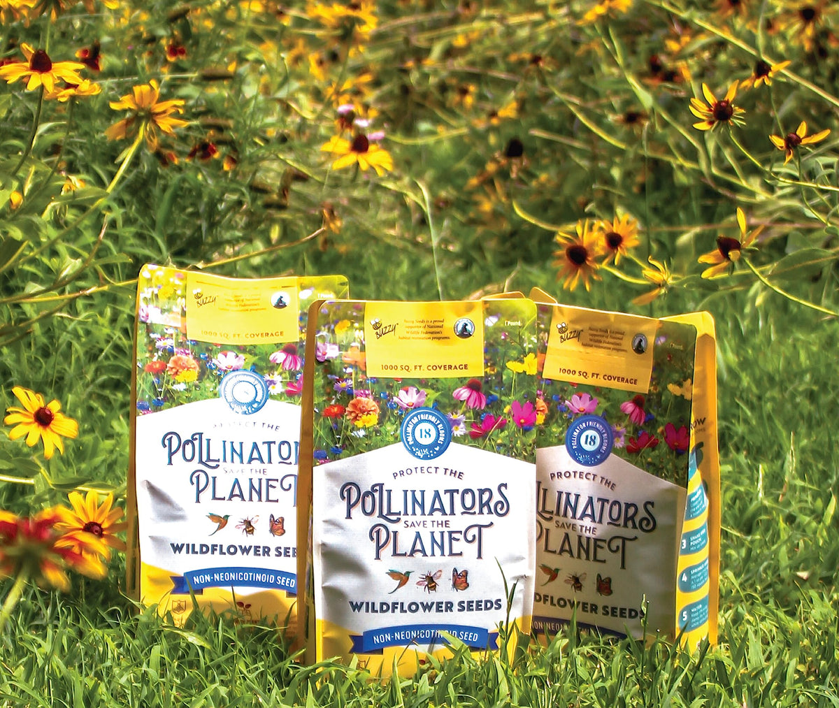 BUZZY Wildflower Seed Mix packaging highlights all-natural non-GMO seeds for biodiversity