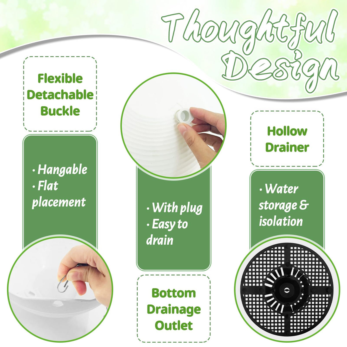 Bvrbaory hanging planter shows a drain plug and easy water management.