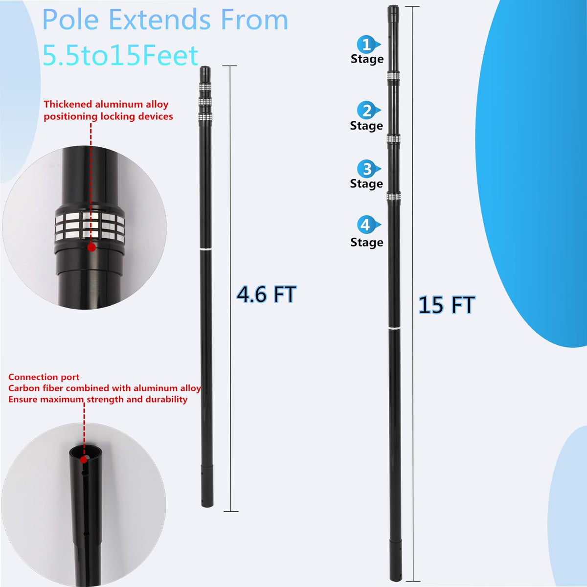 Bwrfoih pool pole with four‑stage lock for adjustable length.