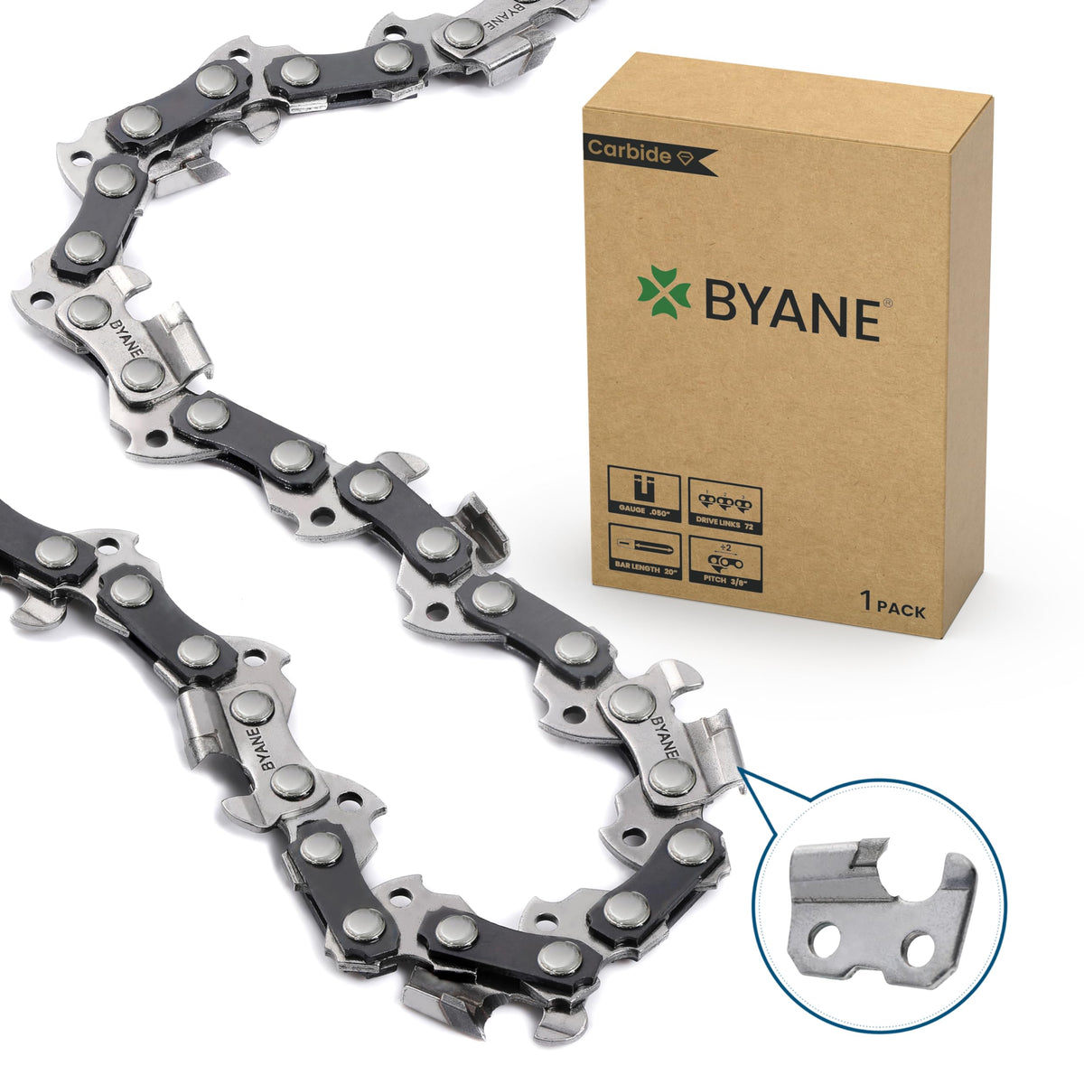 Byane carbide chainsaw chain 20-inch with precision cutters for fast, clean timber cuts.