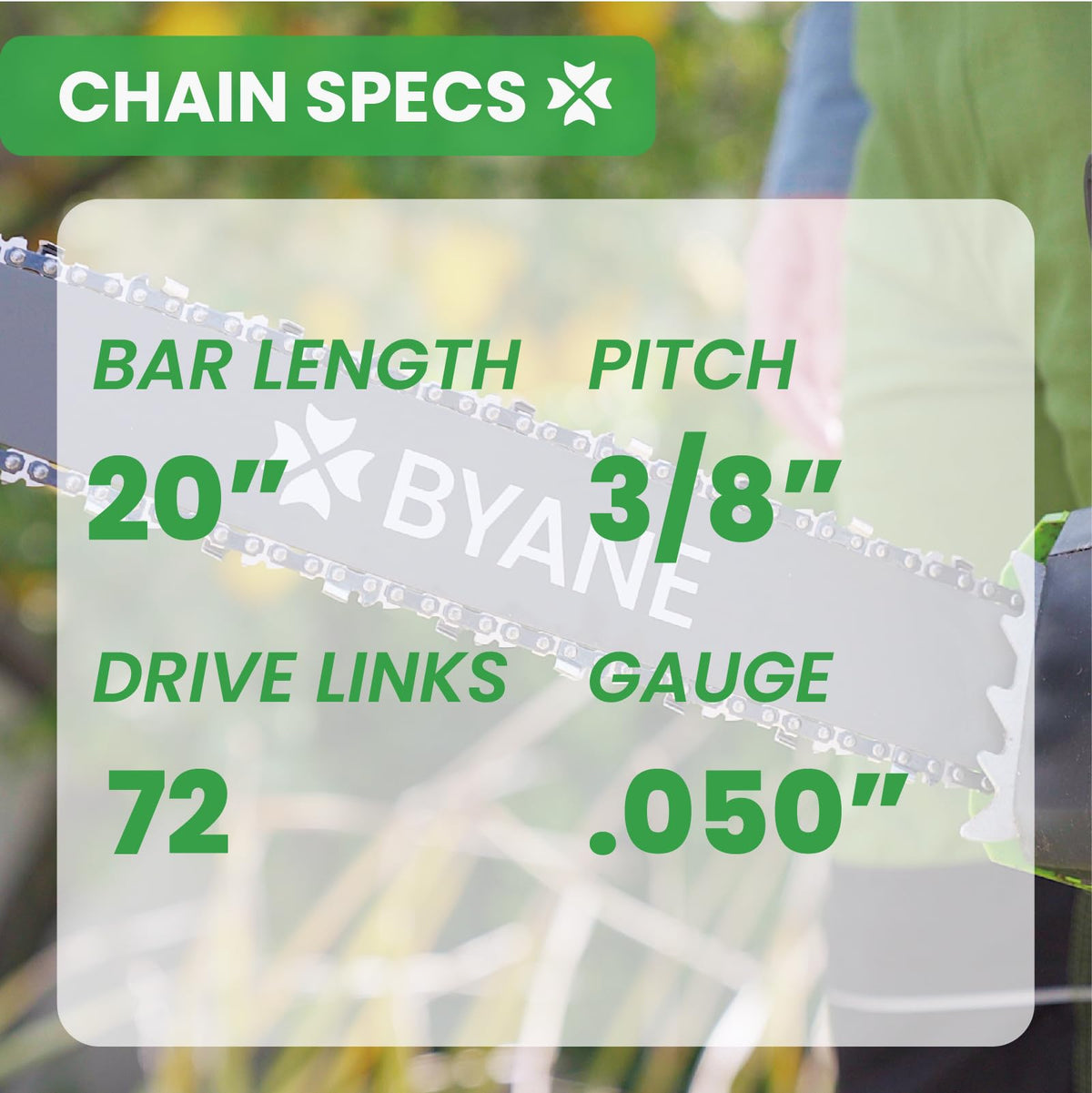Byane low-kickback geometry enables smoother control during demanding wood cuts.