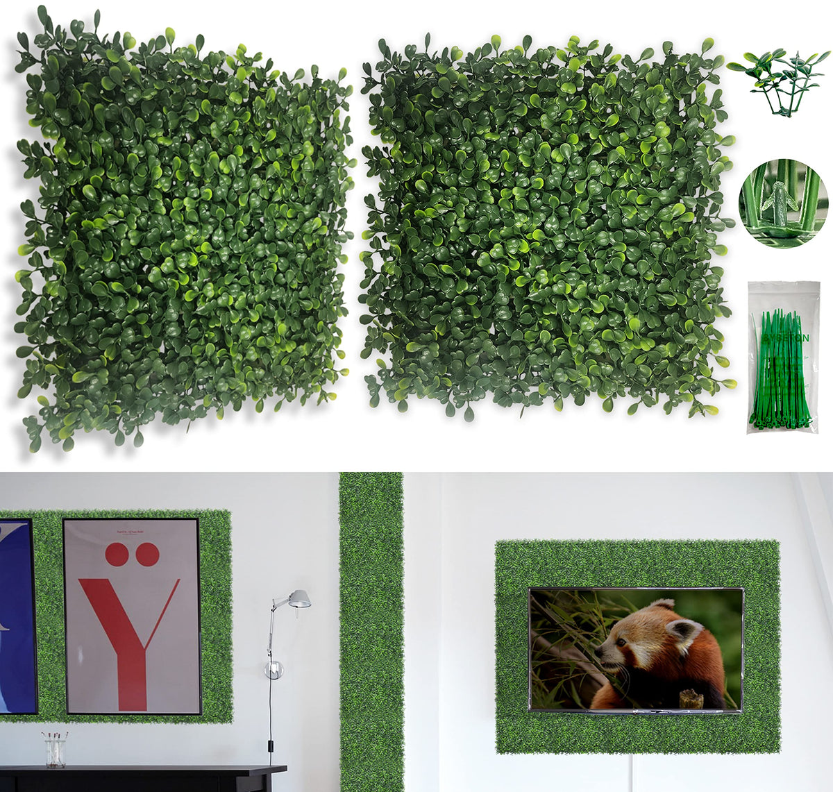 Bybeton boxwood wall panel 12-pack on display for versatile interior decor options.