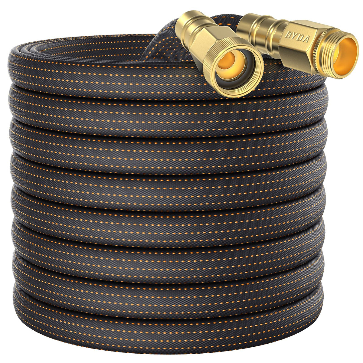 BYDA 10ft lightweight garden hose in orange and black for easy yard watering.