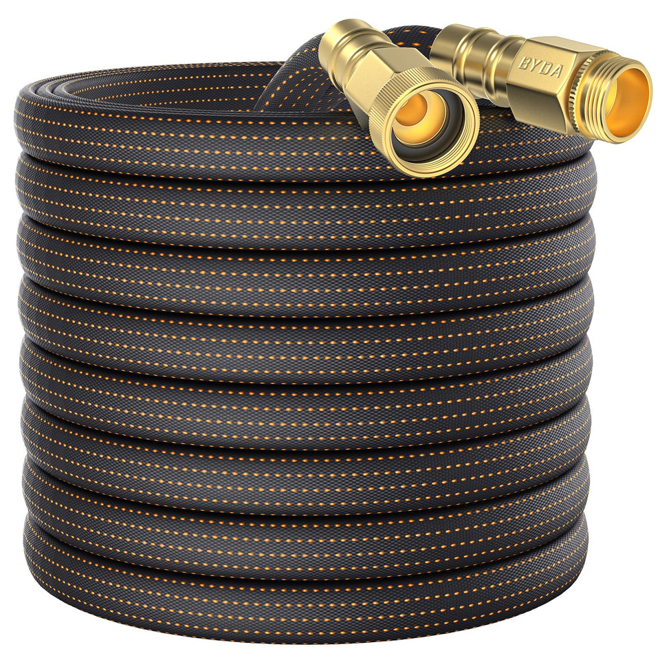 BYDA 10ft lightweight garden hose in orange and black for easy yard watering.