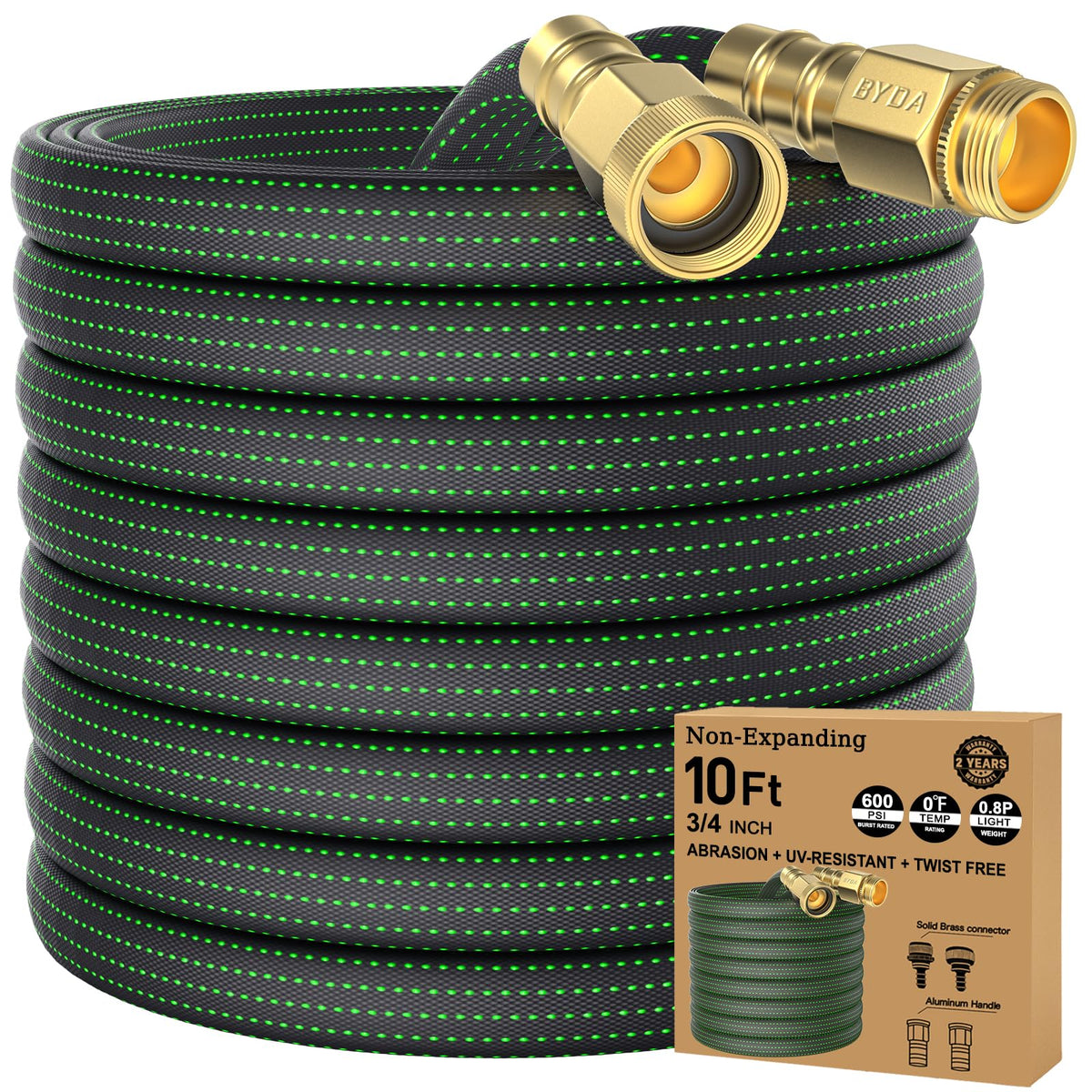 BYDA 10ft lightweight hose coiled for easy storage and portability.