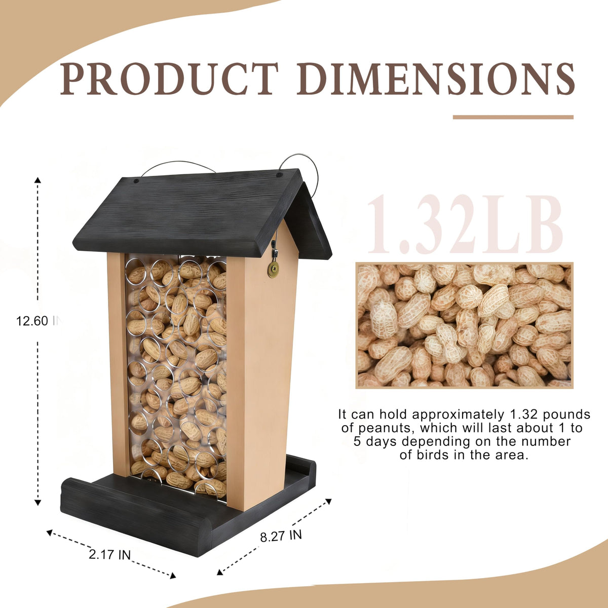 BYGIXU Crow Feeder holds up to 1.32 lb of whole peanuts for birds.