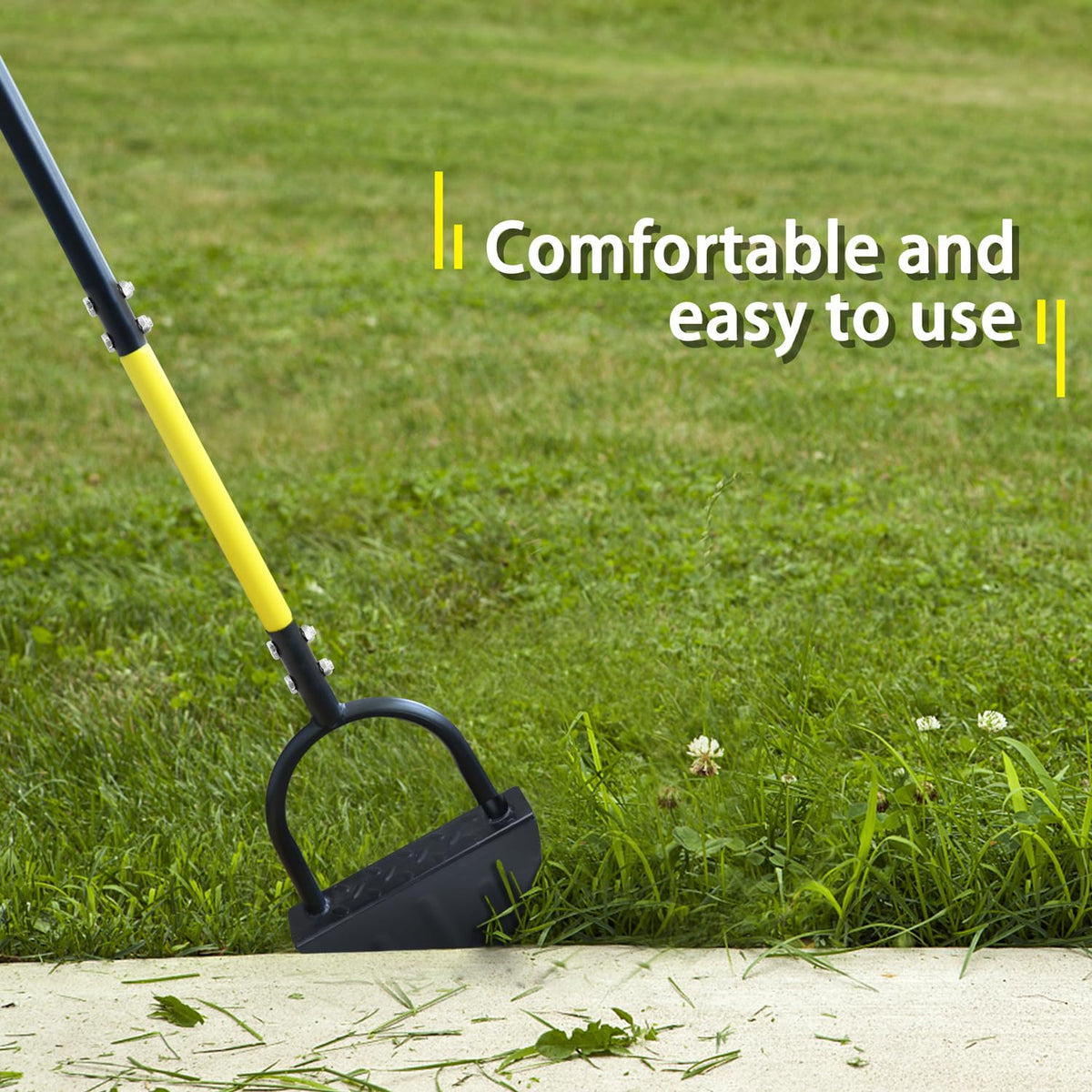 Byhagern edger close-up shows saw-tooth blade cutting dense turf effectively.