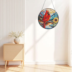 BYONIQUE window decor featuring cardinal and sunflowers enhances natural light.