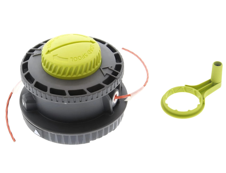 BYSOL Reel Easy+ bump head attached to a Ryobi straight-shaft trimmer enabling quick line feeds.