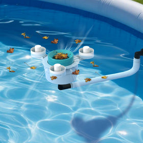 Bzyltrux pool skimmer on an above-ground pool with universal floating design captures leaves