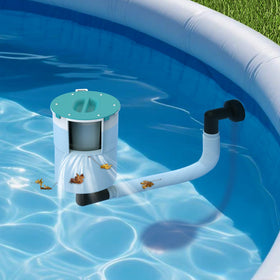Bzyltrux pool skimmer floating on water capturing surface debris for effortless cleaning.