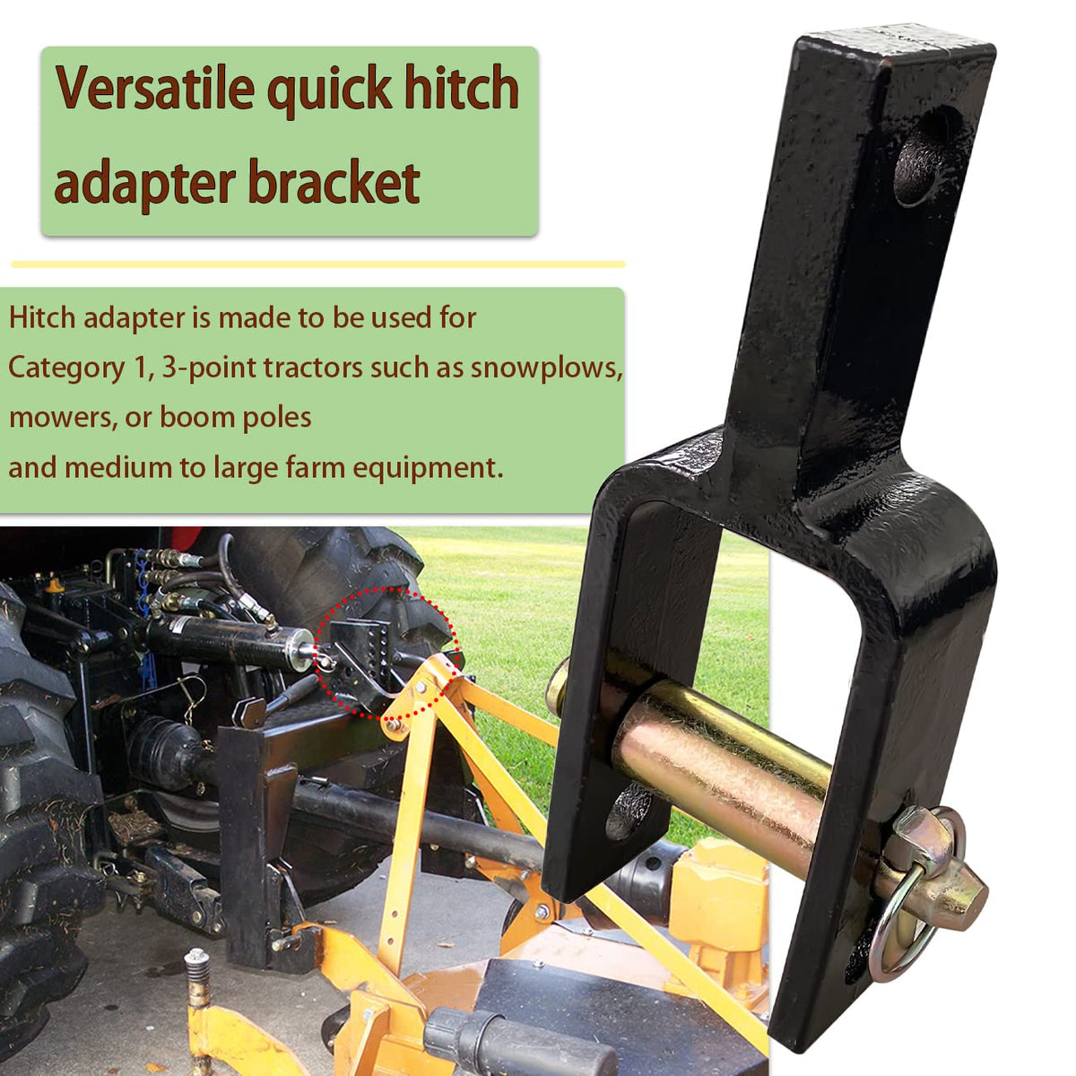 C CLINK adapter in use on a tractor demonstrates quick hitch compatibility.