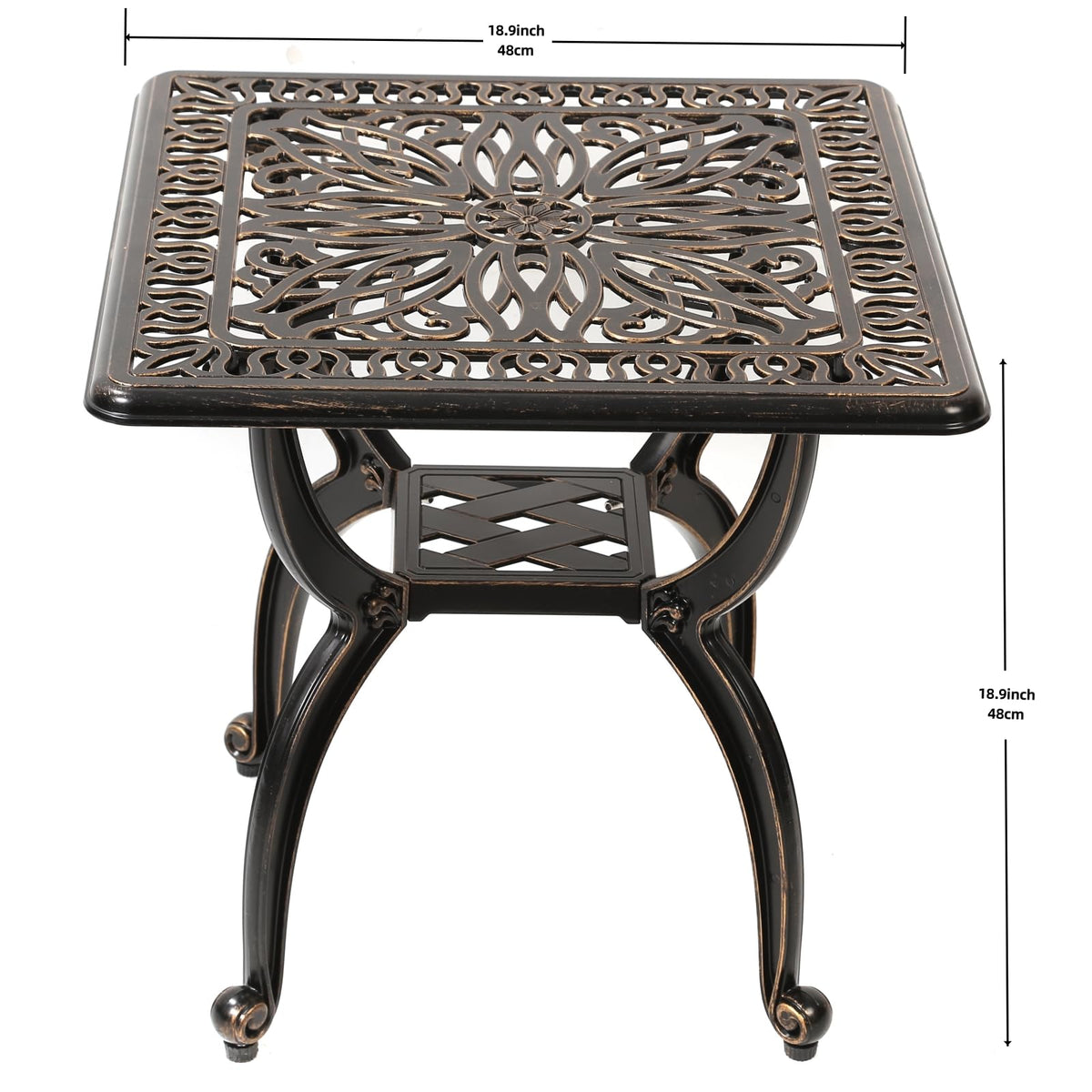 C/G Patio Casa end table with curved legs adds stable, elegant support