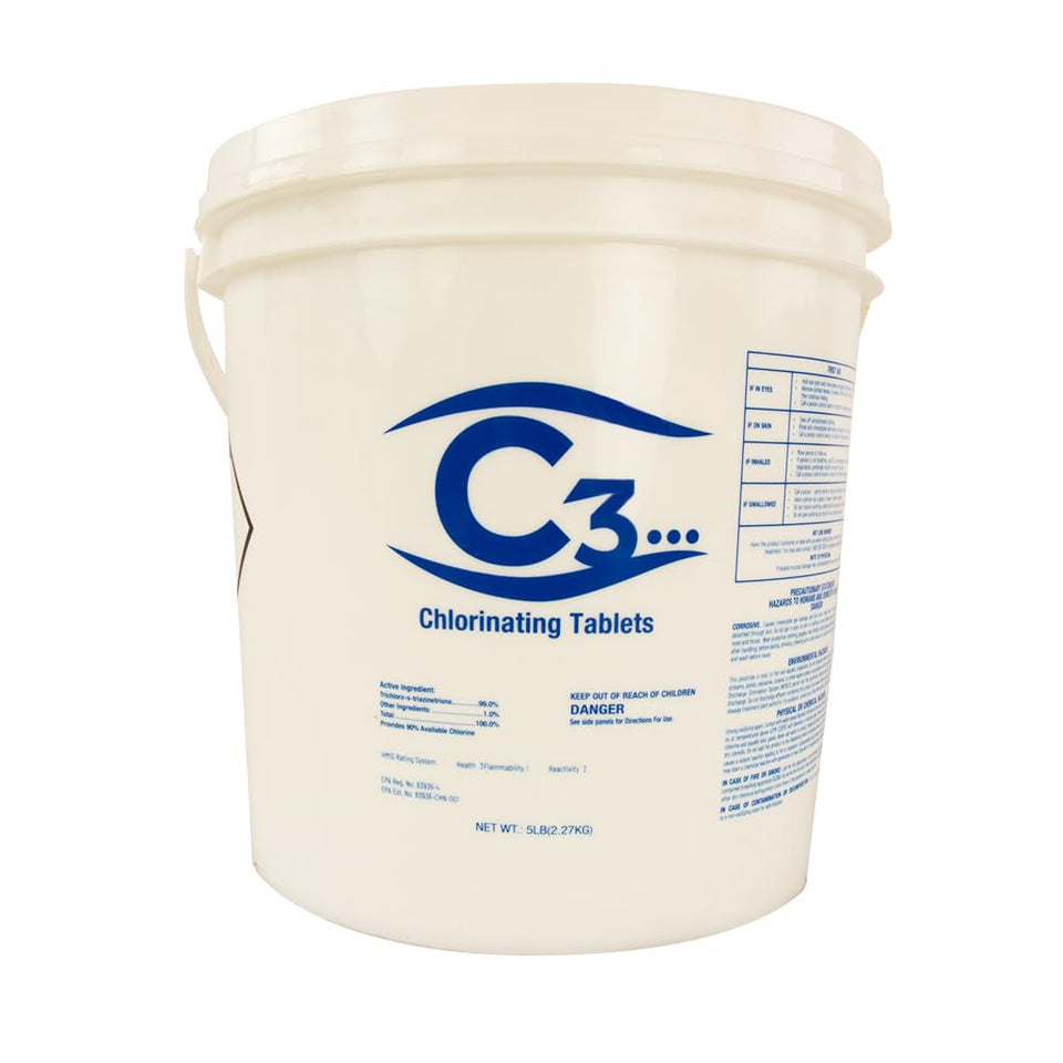 C3 chlorine tablets in bucket demonstrate slow dissolving for steady pool sanitation